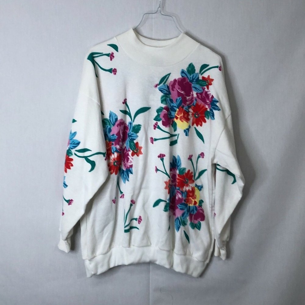 Andover Womens White Floral Crew Neck Long Sleeve Pullover Sweatshirt Size 20-40